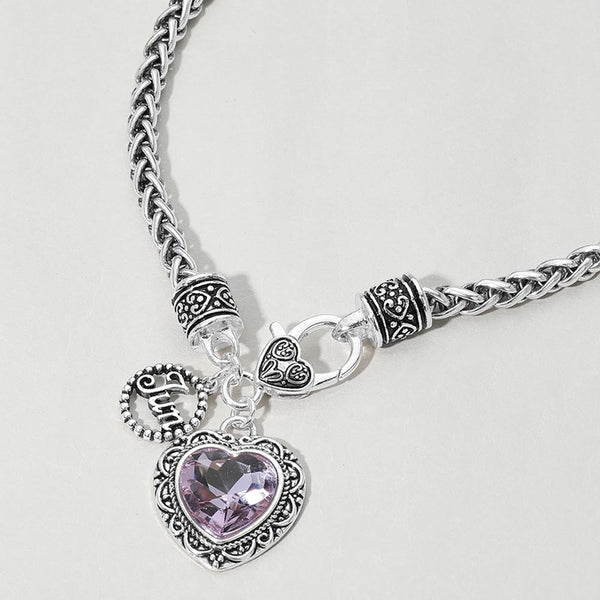 Annika - Birthstone Heart Charm Pendant Braided Chain Necklace