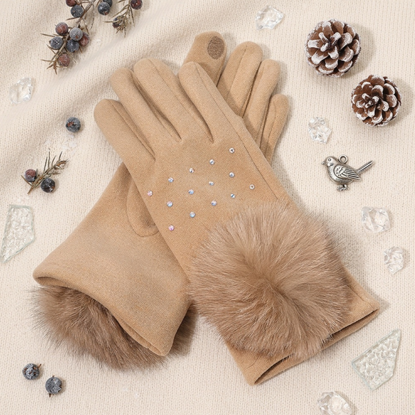 Aida - Faux Fur Cuff Pom Rhinestone Embellished Smart Touch Winter Gloves