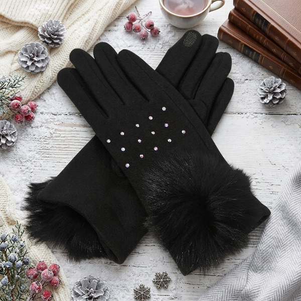 Aida - Faux Fur Cuff Pom Rhinestone Embellished Smart Touch Winter Gloves