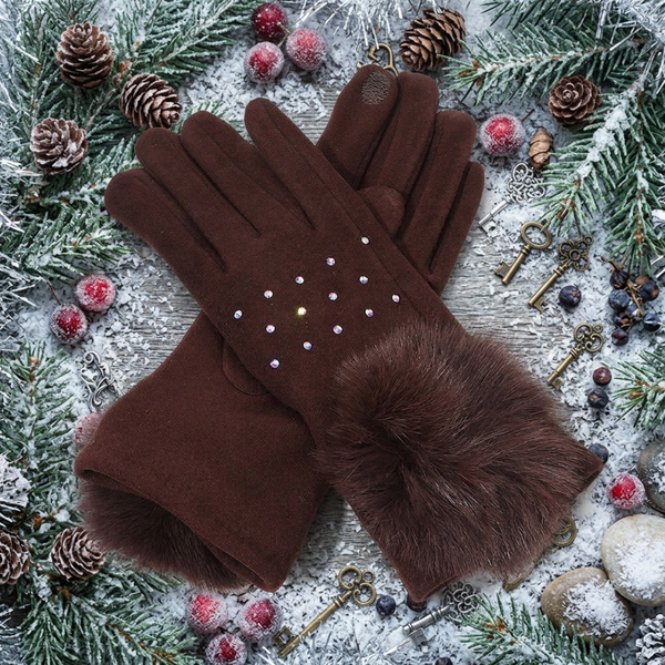 Aida - Faux Fur Cuff Pom Rhinestone Embellished Smart Touch Winter Gloves