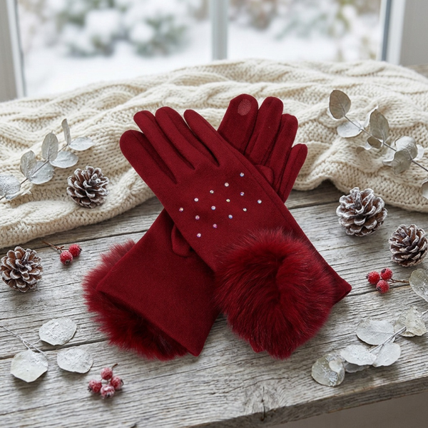 Aida - Faux Fur Cuff Pom Rhinestone Embellished Smart Touch Winter Gloves