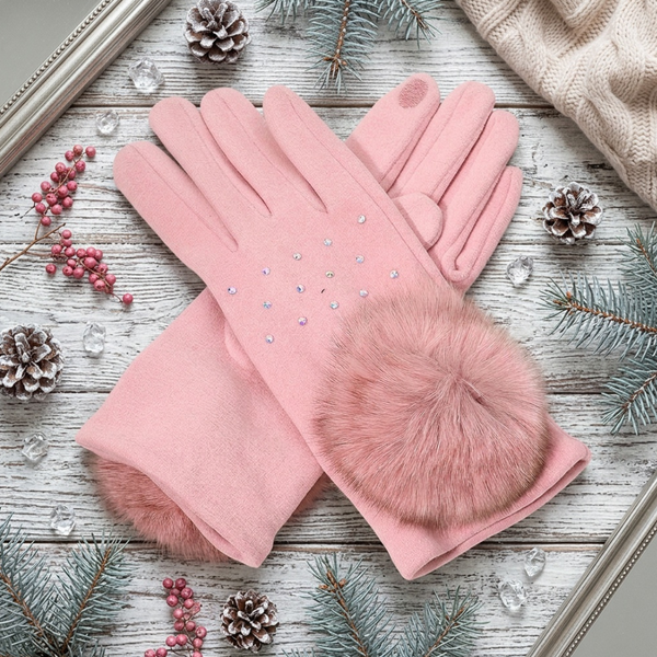 Aida - Faux Fur Cuff Pom Rhinestone Embellished Smart Touch Winter Gloves
