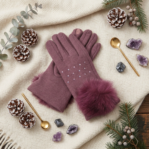 Aida - Faux Fur Cuff Pom Rhinestone Embellished Smart Touch Winter Gloves