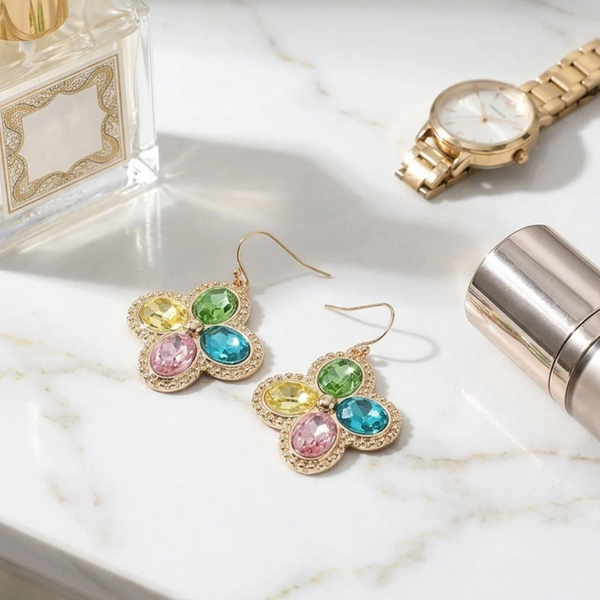 Lora - Four Leaf Clover Crystal Drop Earrings