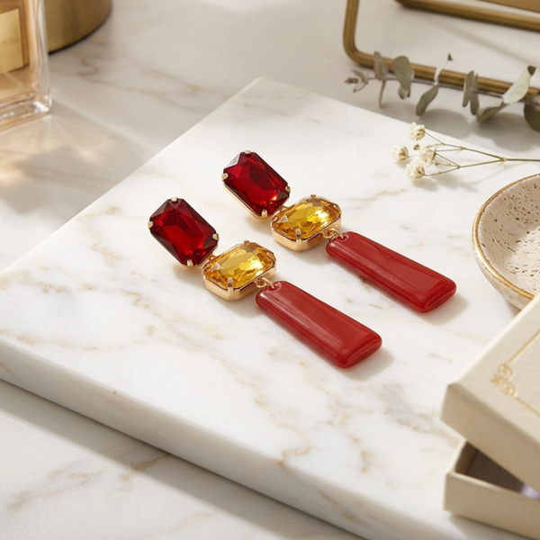 Beeba - Gem Resin Bar Link Drop Statement Earrings