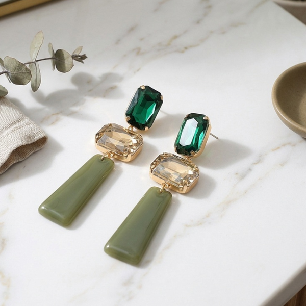 Beeba - Gem Resin Bar Link Drop Statement Earrings