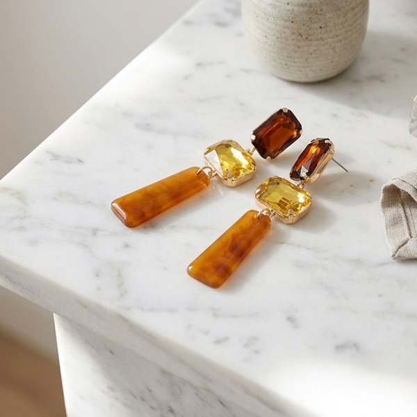 Beeba - Gem Resin Bar Link Drop Statement Earrings