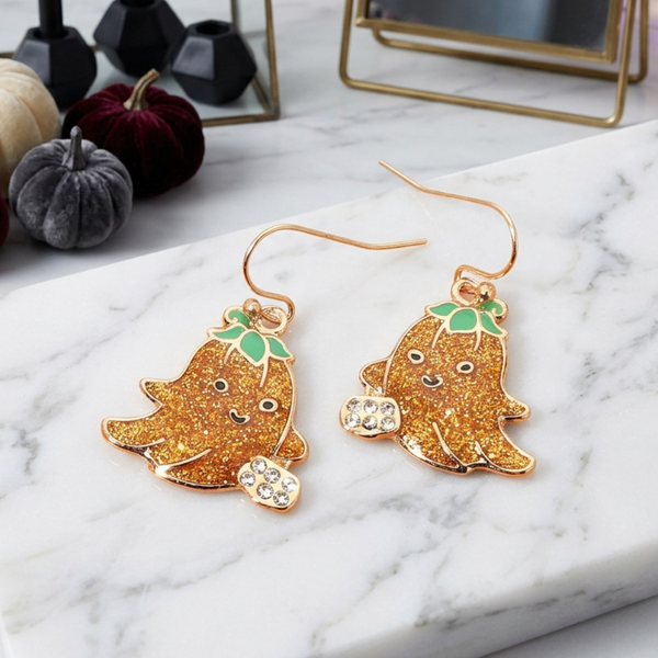 Ilse - Glitter Halloween Pumpkin Ghost Charm Drop Dangle Earrings