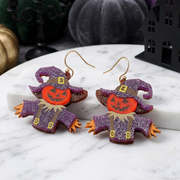 Skylar - Glittered Resin Scarecrow Halloween Pumpkin Dangle Earrings