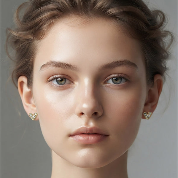Amalie - Gold Dipped Cubic Zirconia Pave Heart Stud Earrings