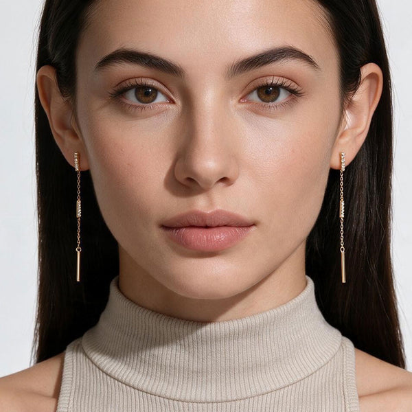 Violet - Gold Dipped Stone Pave Bar Link Linear Drop Earrings