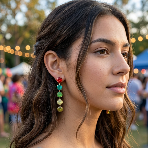 Rumi - Gold Dipped Five Round Gem Linear Drop Earrings