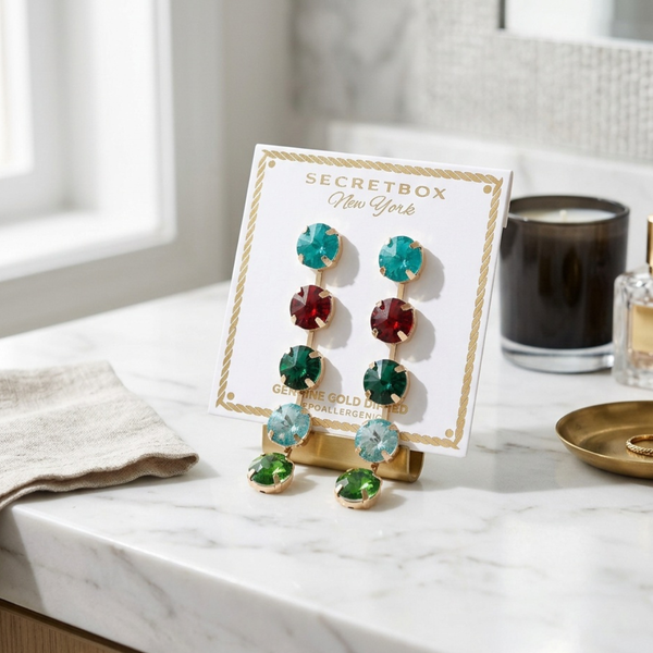 Rumi - Gold Dipped Five Round Gem Linear Drop Earrings