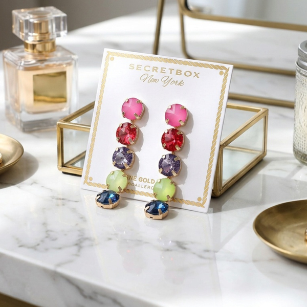 Rumi - Gold Dipped Five Round Gem Linear Drop Earrings
