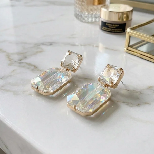 Evalina - Gold Dipped Rectangular Gem Drop Earrings