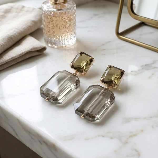 Evalina - Gold Dipped Rectangular Gem Drop Earrings