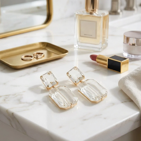 Evalina - Gold Dipped Rectangular Gem Drop Earrings