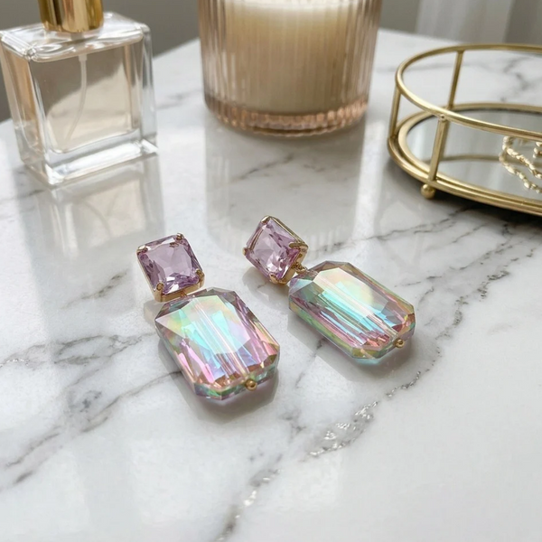 Evalina - Gold Dipped Rectangular Gem Drop Earrings
