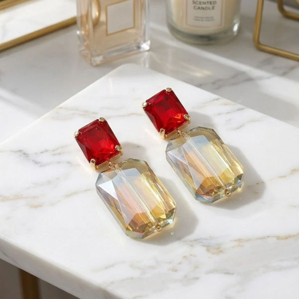 Evalina - Gold Dipped Rectangular Gem Drop Earrings