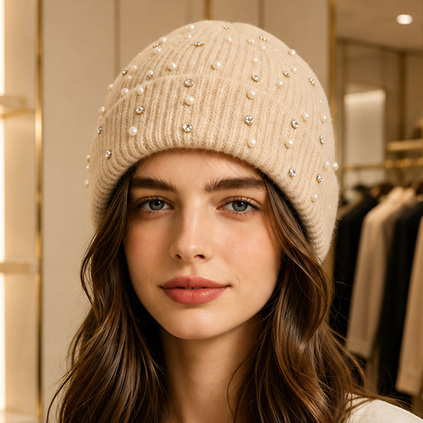 Hailey - Pearl Rhinestone Embellished Ribbed Knit Winter Beanie Hat