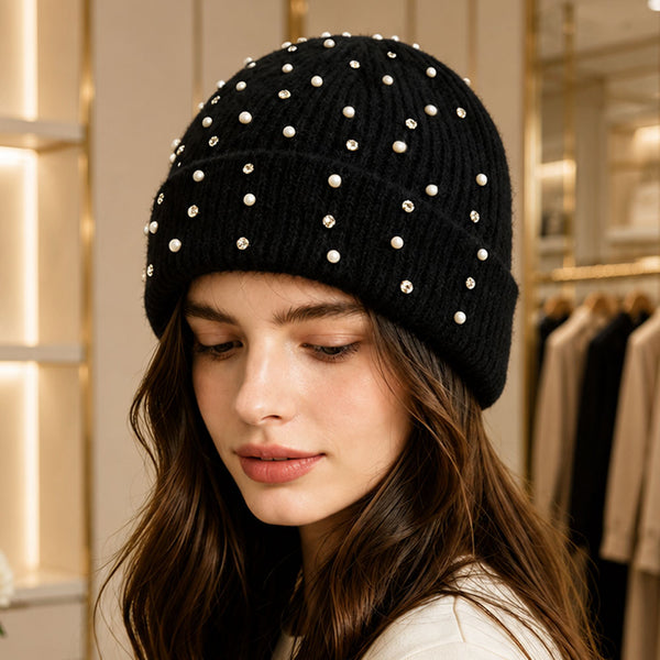 Hailey - Pearl Rhinestone Embellished Ribbed Knit Winter Beanie Hat
