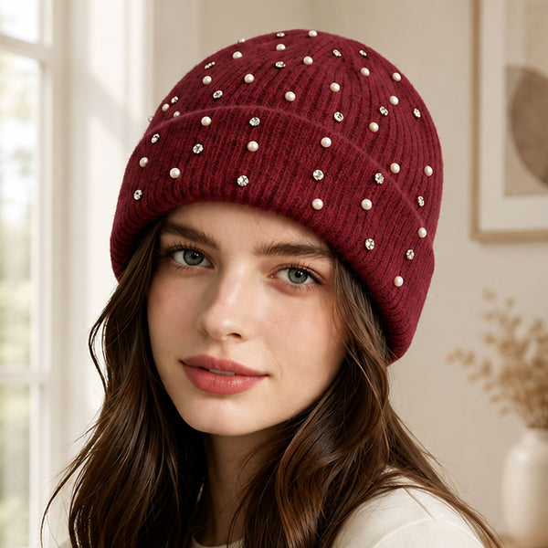 Hailey - Pearl Rhinestone Embellished Ribbed Knit Winter Beanie Hat