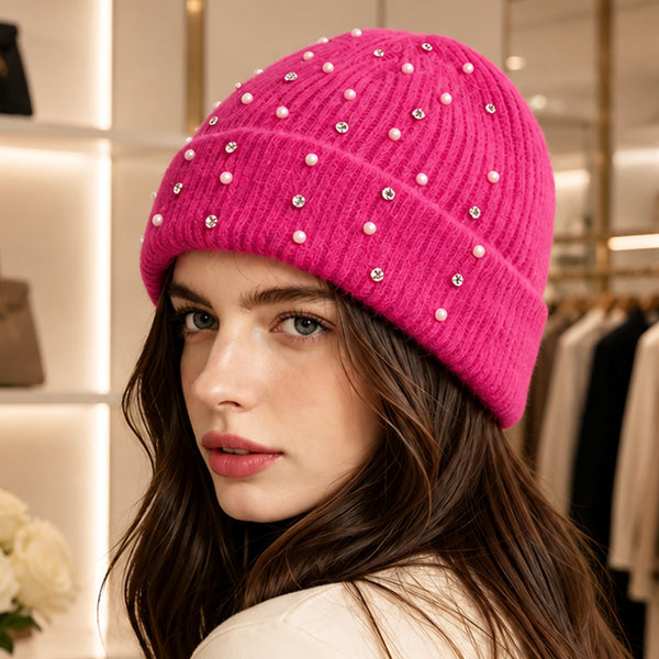 Hailey - Pearl Rhinestone Embellished Ribbed Knit Winter Beanie Hat