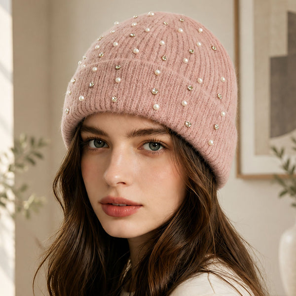 Hailey - Pearl Rhinestone Embellished Ribbed Knit Winter Beanie Hat