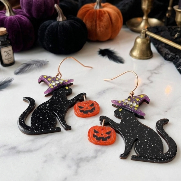 Tania - Halloween Witch Cat Charm Drop Dangle Earrings