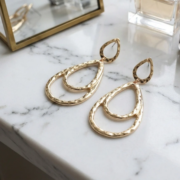 Mari - Hammered Metal Layerd Double Teardrop Earrings