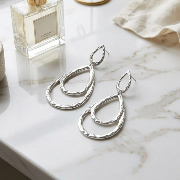 Mari - Hammered Metal Layerd Double Teardrop Earrings