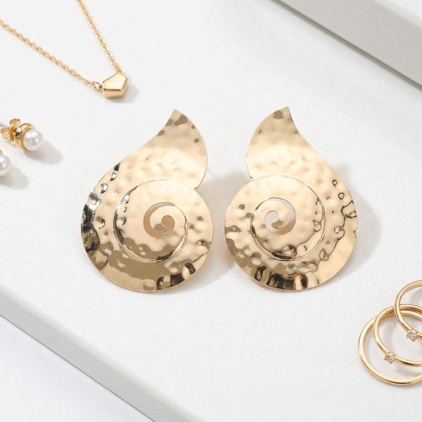 Rasha  - Hammered Metal Spiral Statement Clip On Earrings
