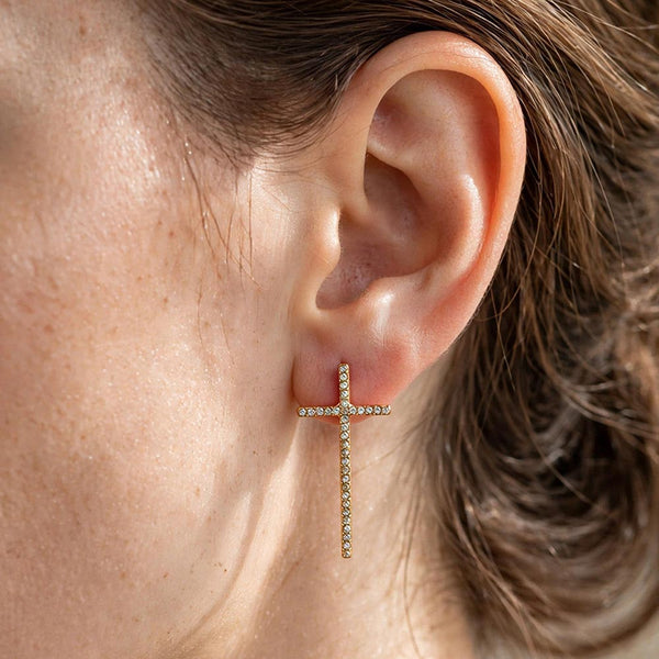 Mickey  - Long Crystal Cross Earrings