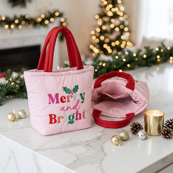 Skylar - MERRY and BRIGHT Embroidered Quilted  Tote Bag