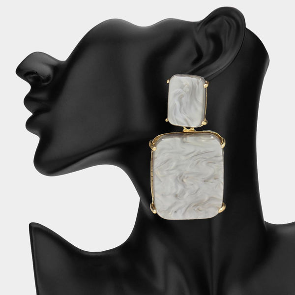 Beeba - Marbled Resin Rectangle Drop Statement Earrings
