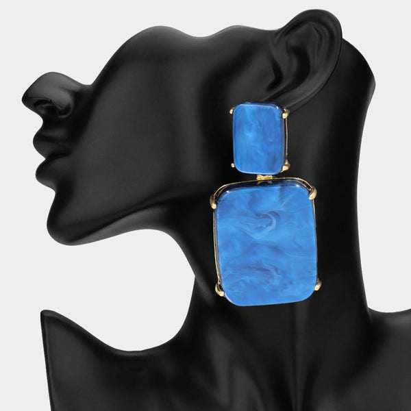 Beeba - Marbled Resin Rectangle Drop Statement Earrings