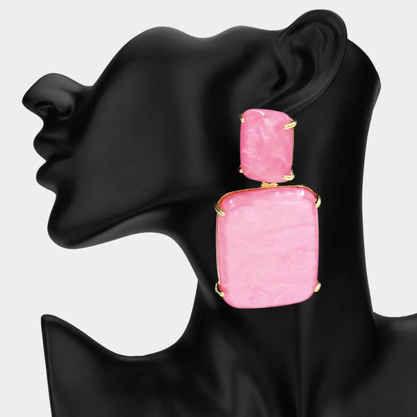 Beeba - Marbled Resin Rectangle Drop Statement Earrings