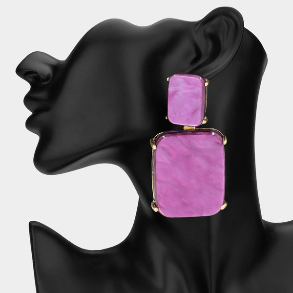 Beeba - Marbled Resin Rectangle Drop Statement Earrings