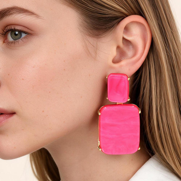 Beeba - Marbled Resin Rectangle Drop Statement Earrings