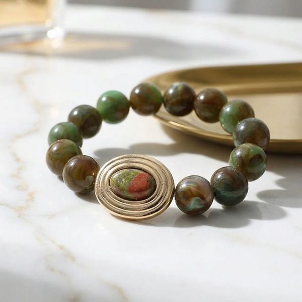 Rochelle - Oval Charm Accent Beaded Stretchable Bracelet