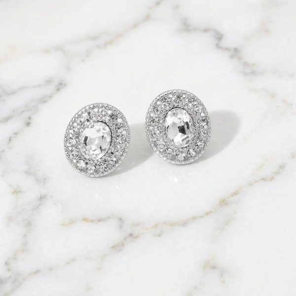 Anastasia - Oval Rhinestone Halo Stud Earrings