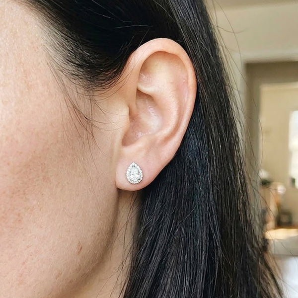Birdie - Cubic Zirconia Pear Shaped Halo Stud Earrings