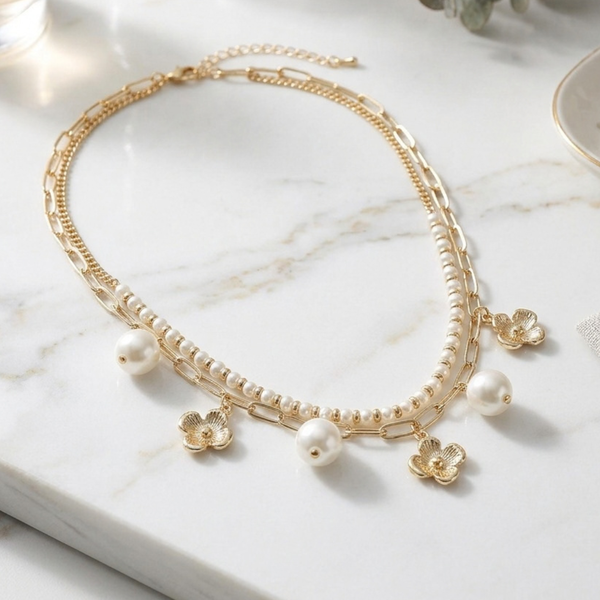 Banks - Pearl Flower Charm Station  Layered Necklace