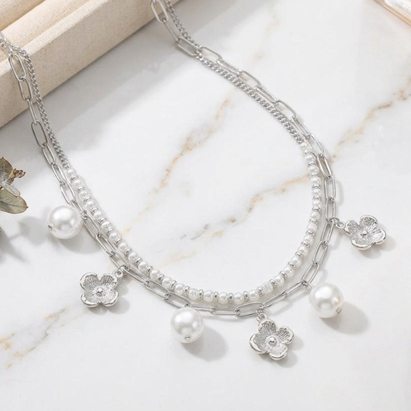 Banks - Pearl Flower Charm Station  Layered Necklace
