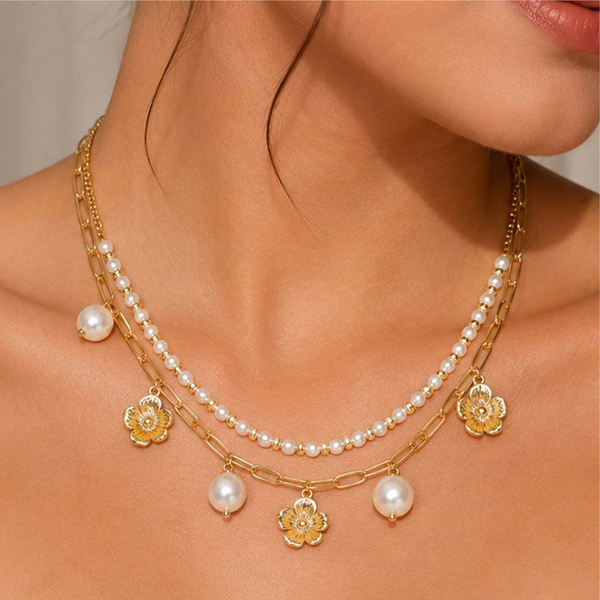 Banks - Pearl Flower Charm Station  Layered Necklace