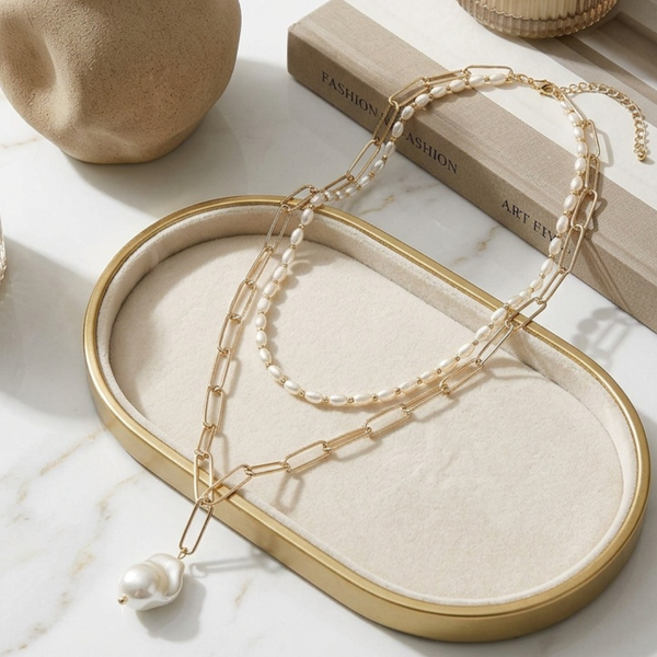 Leona - Pearl Pendant Accent Layered Paperclip Chain Necklace