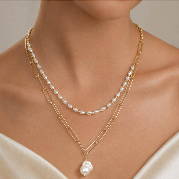 Leona - Pearl Pendant Accent Layered Paperclip Chain Necklace