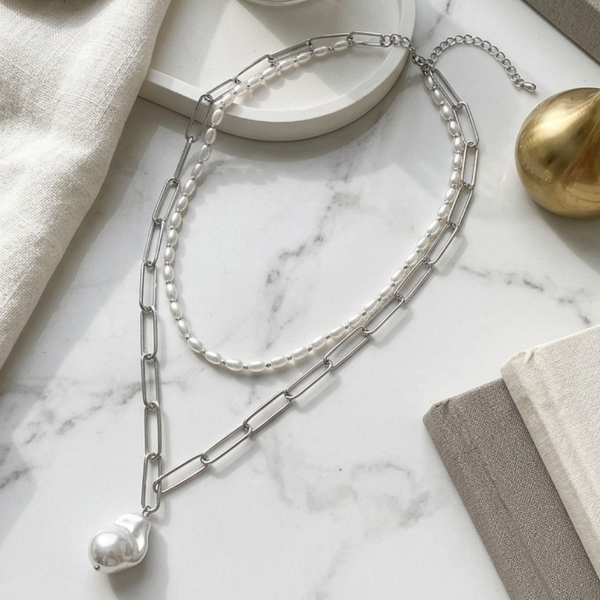 Leona - Pearl Pendant Accent Layered Paperclip Chain Necklace