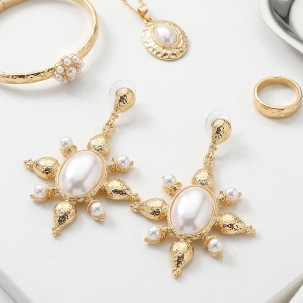 Alina - Pearl Sunburst Drop Statement Earrings