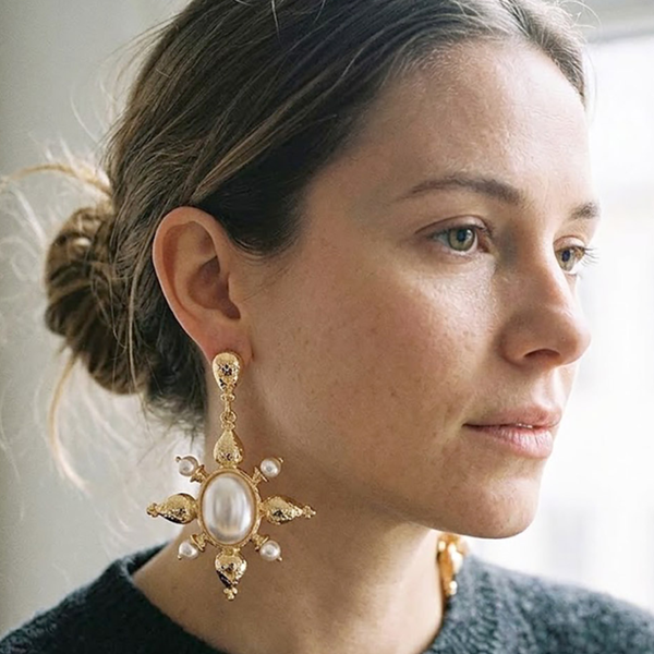 Alina - Pearl Sunburst Drop Statement Earrings